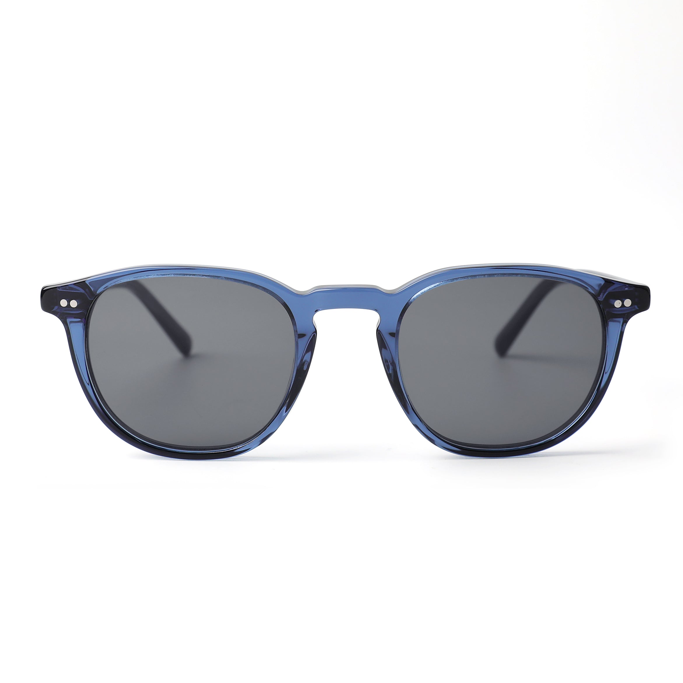 Blue sunglasses with dark lenses on a white background